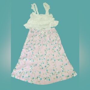 4 piece bundle. Pink Floral satin skirt, white lace top, necklace & earrings set
